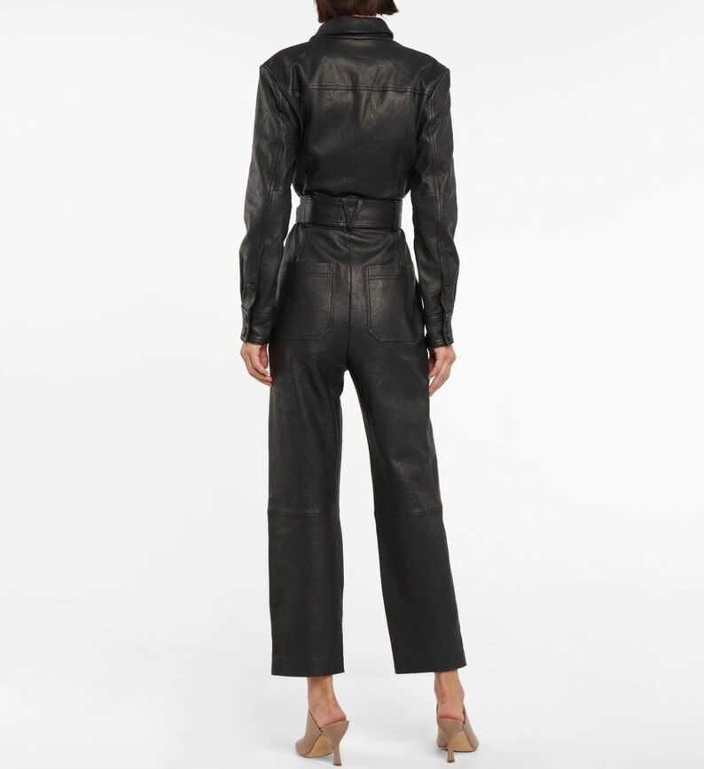 Women's Black Lambskin Leather Jumpsuit – Handmade Vintage-Style Genuine Leather One-Piece – Custom Fit Available Women's Black Lambskin Leather Jumpsuit – Handmade Vintage-Style Genuine Leather One-Piece – Custom Fit Available